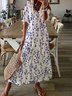 Gola  V Solto Azul Floral Casual Vestido