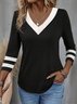 Casual Cor Quadra Gola  V Manga Comprida Camisa